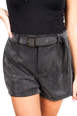 Saturday Shimmer Black Crystal Belted Shorts