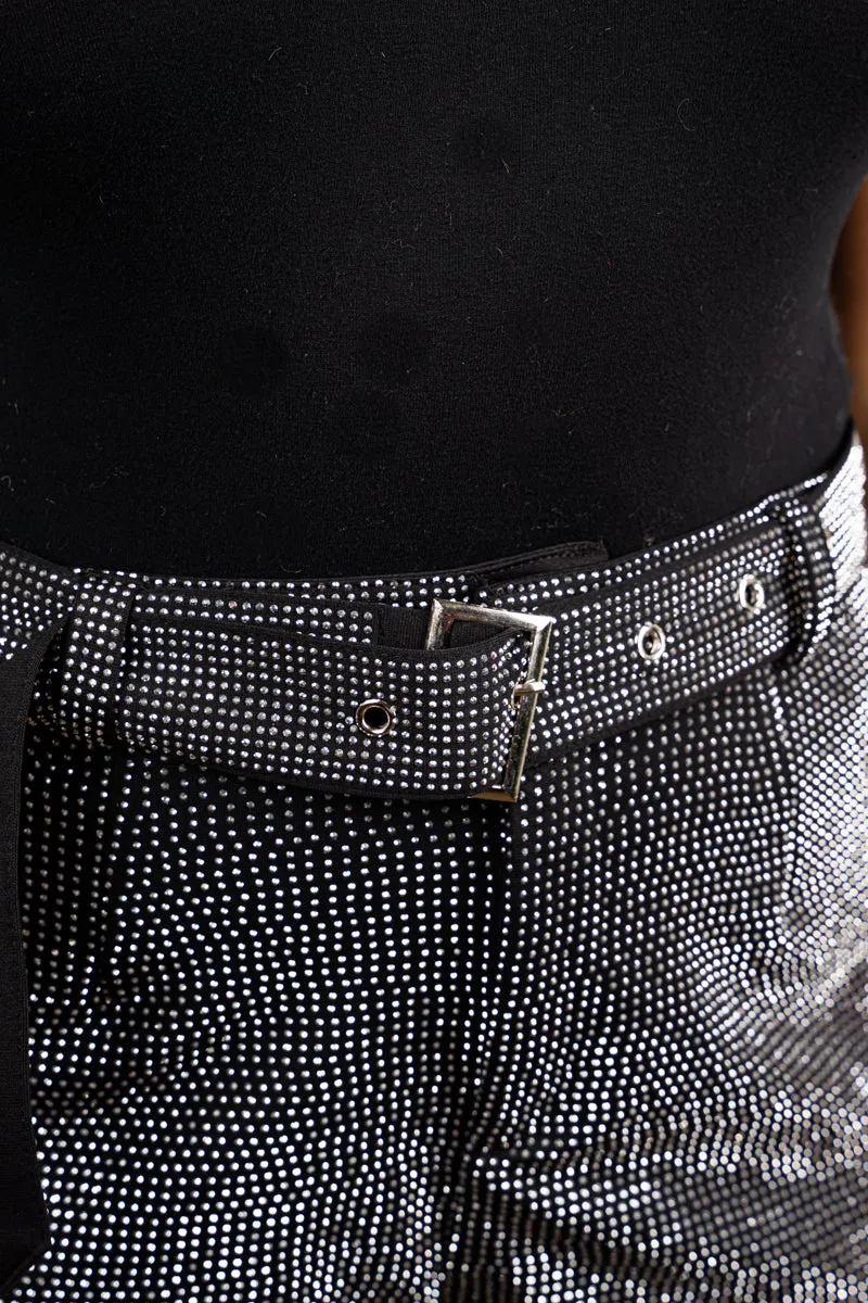 Saturday Shimmer Black Crystal Belted Shorts