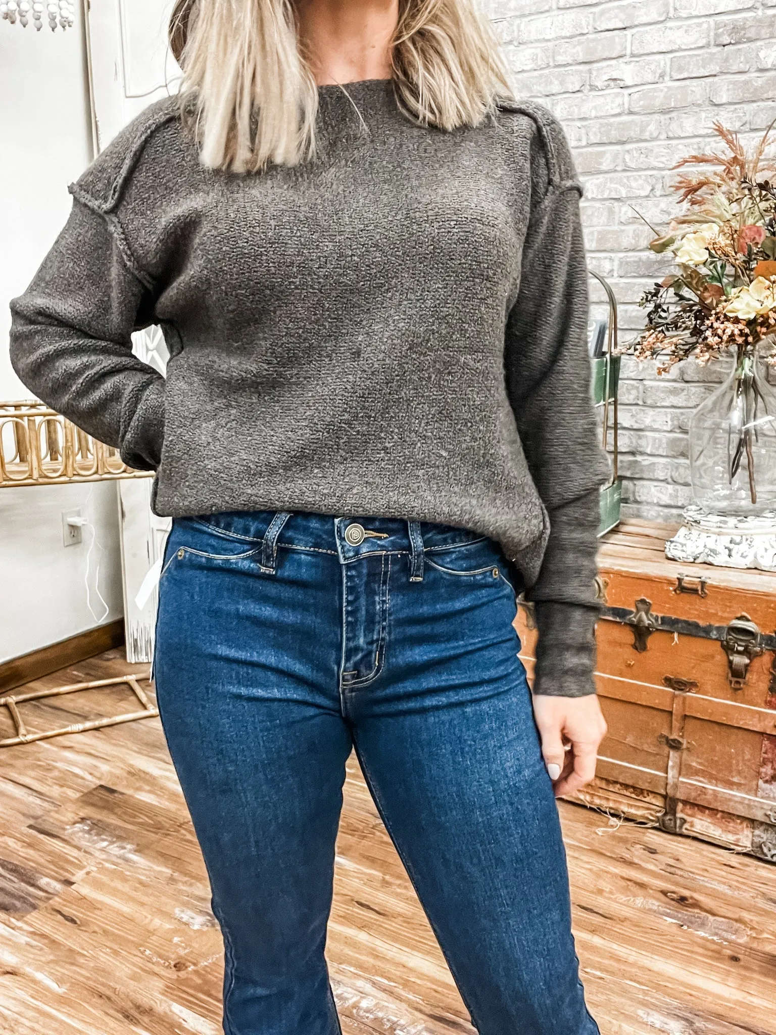 Scallop Detail Button Flare - Dark Wash