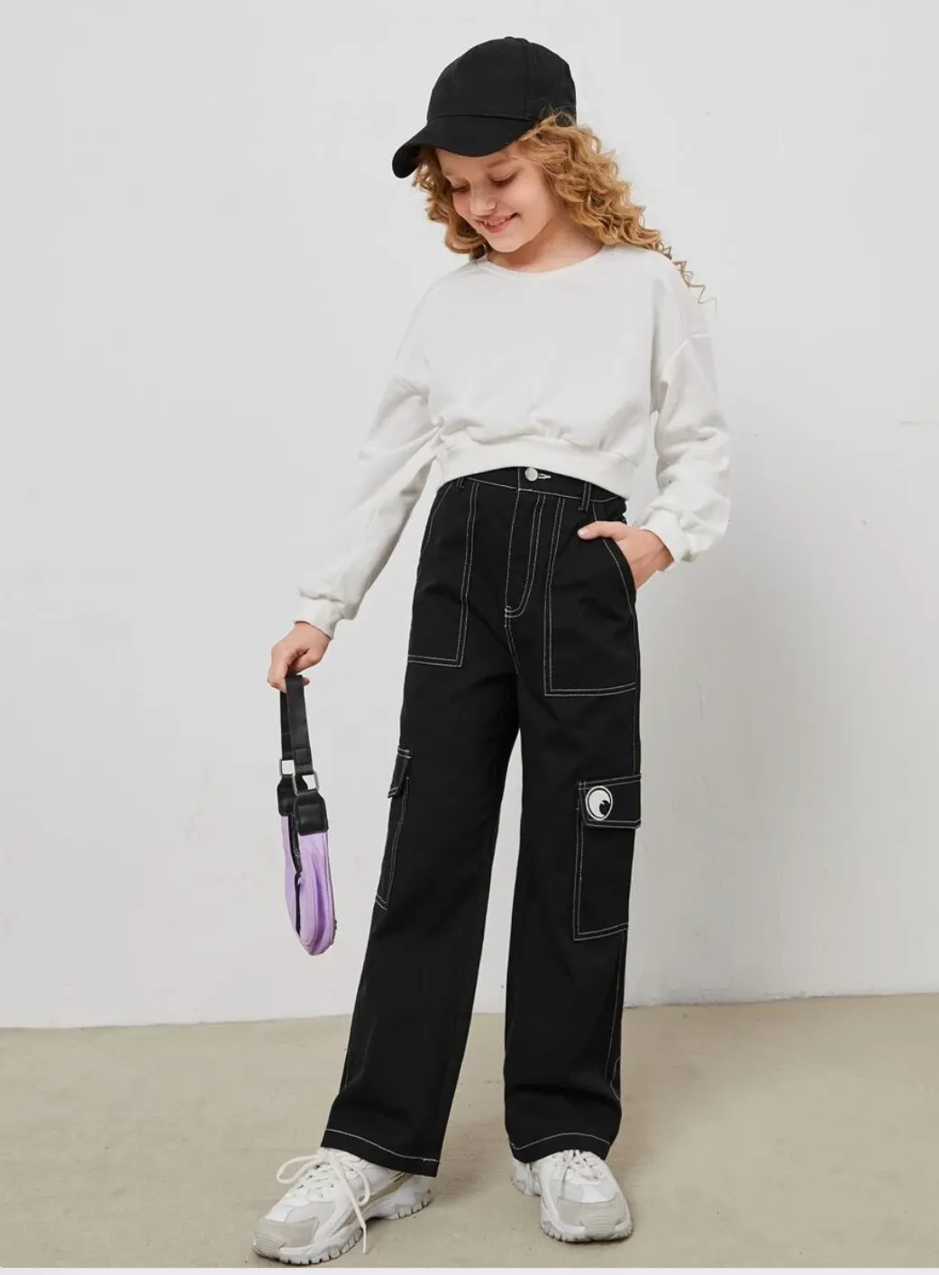 SHEIN x googly eye cru girls contrast stitch patched detail cargo pants