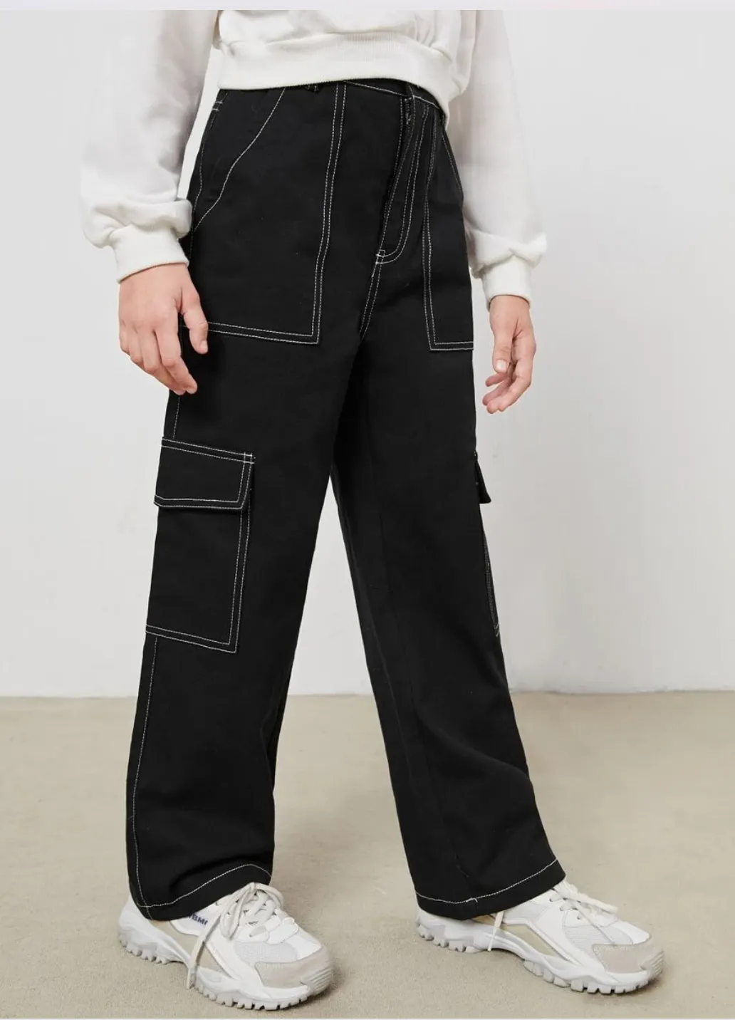 SHEIN x googly eye cru girls contrast stitch patched detail cargo pants