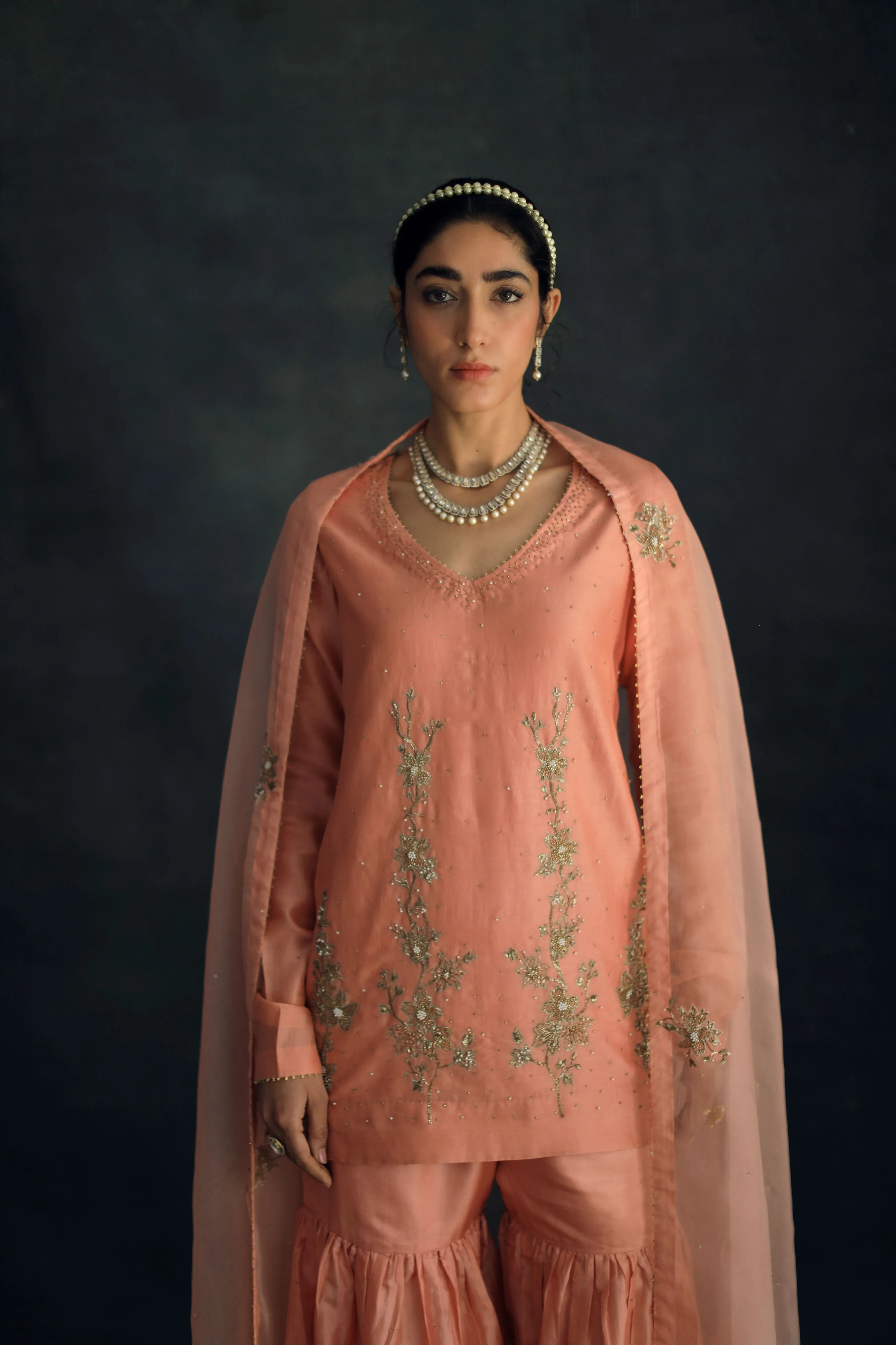 Shikha Mehta Ariana Salmon Amairah Sharara Set Silk Chanderi Silk Organza Pink Hana Ss21F-As