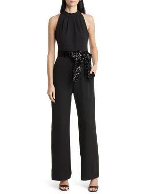 Sleeveless Wide-Leg Black Jumpsuit   Sequin Bow Belt
