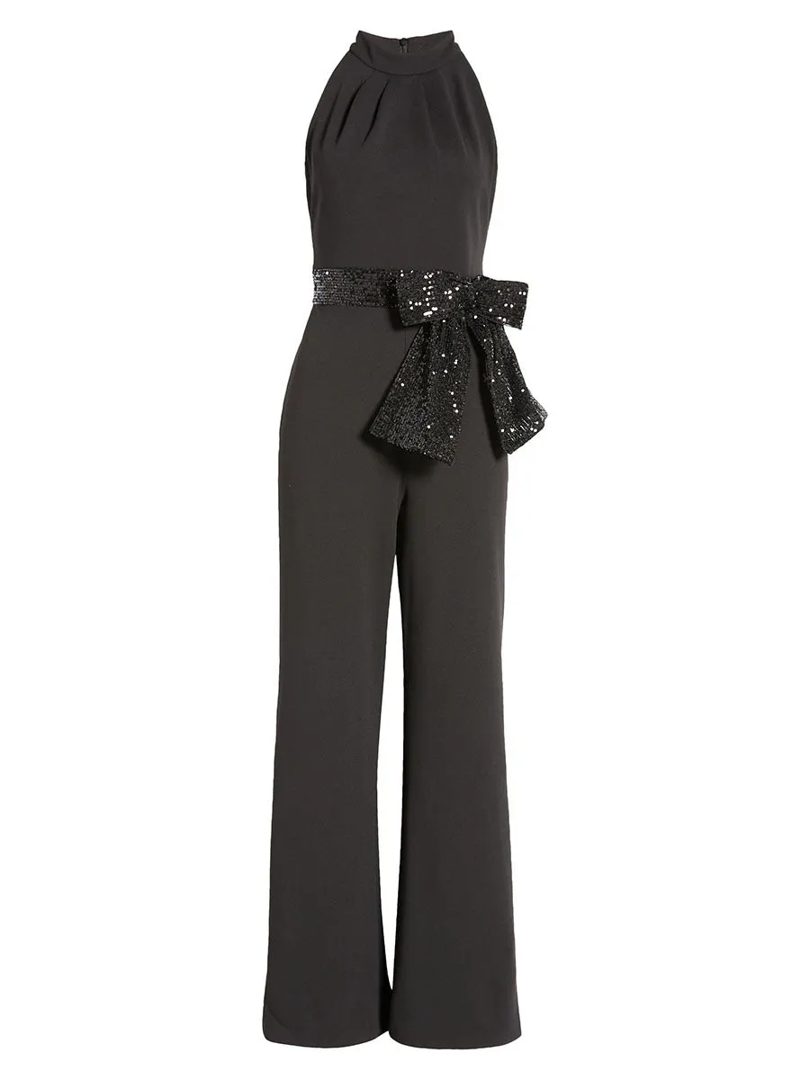 Sleeveless Wide-Leg Black Jumpsuit   Sequin Bow Belt