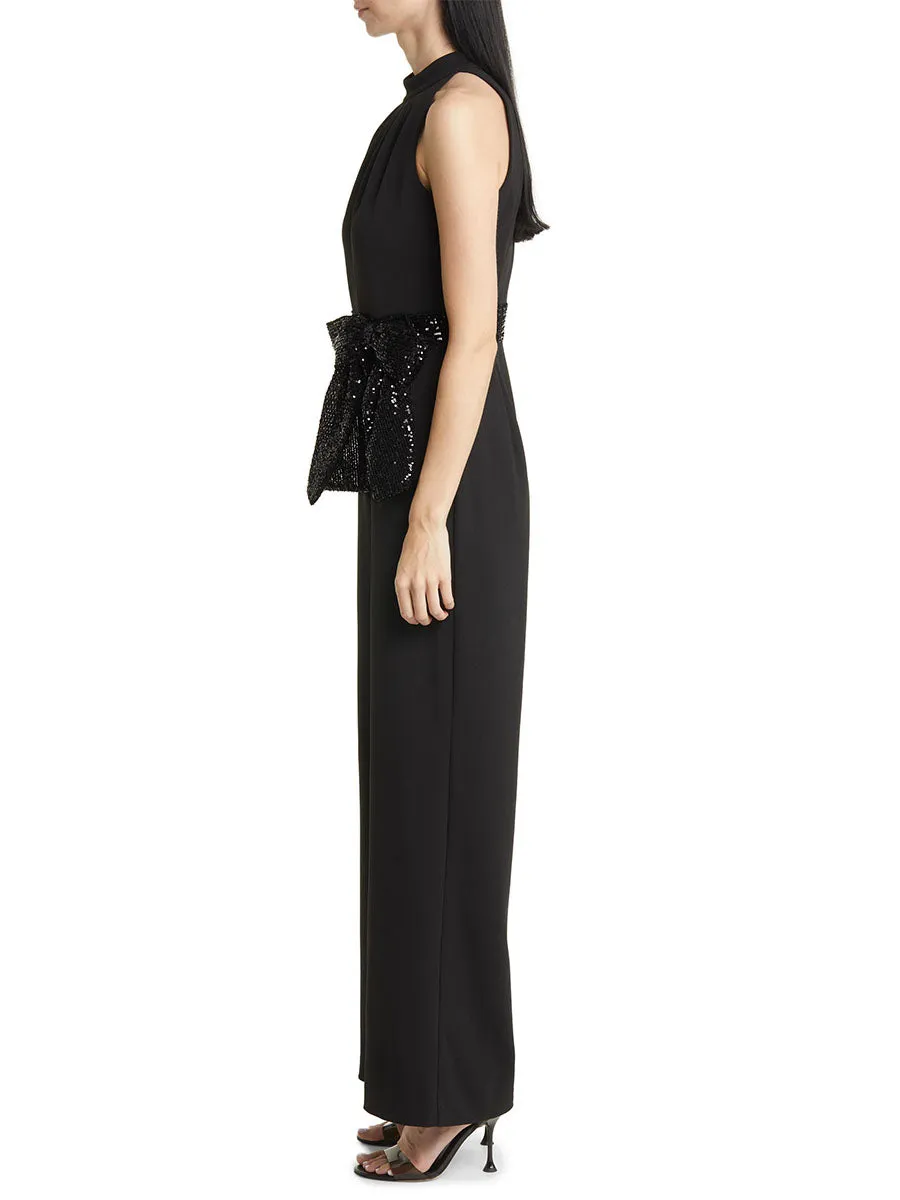 Sleeveless Wide-Leg Black Jumpsuit   Sequin Bow Belt