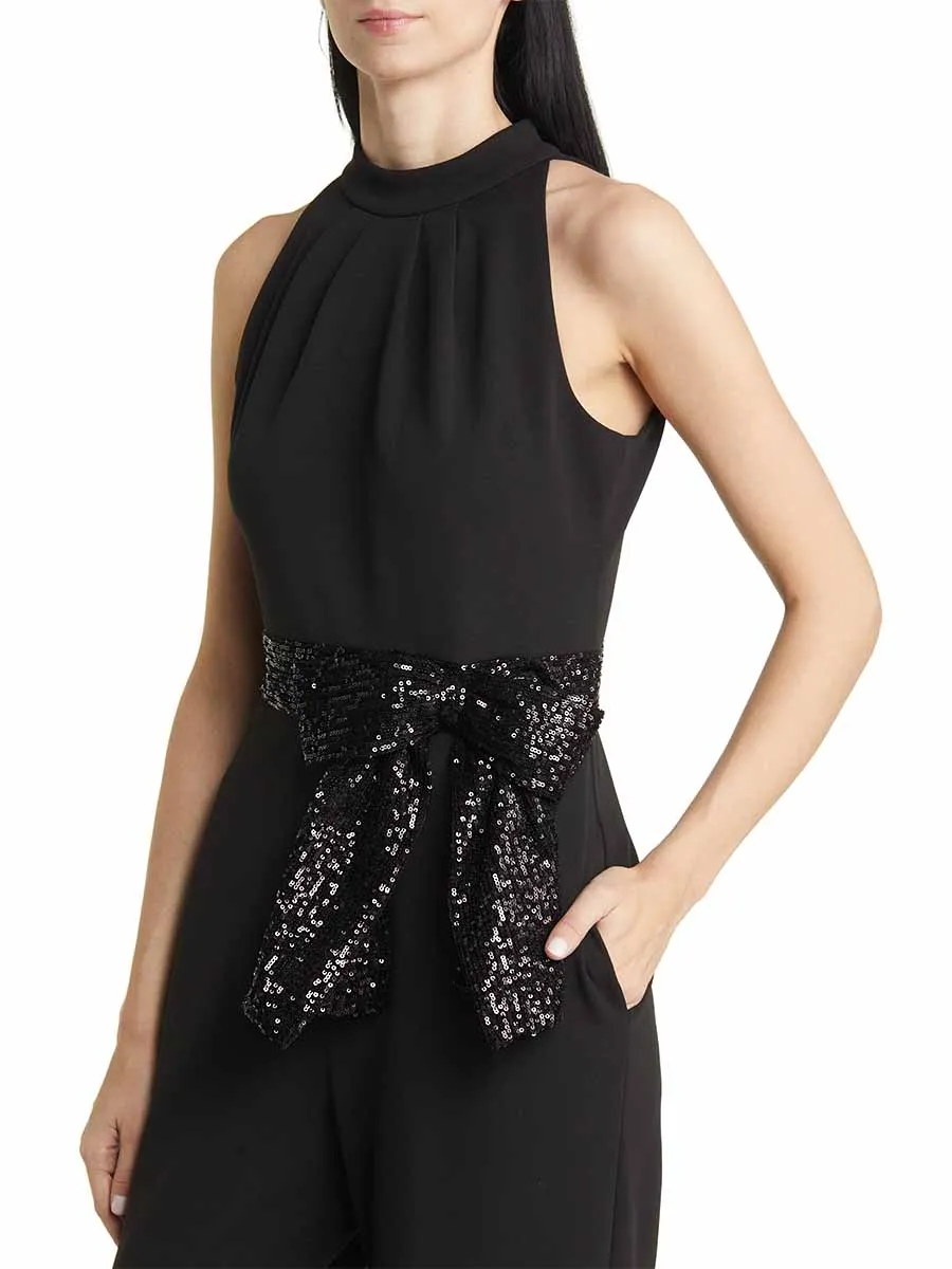 Sleeveless Wide-Leg Black Jumpsuit   Sequin Bow Belt
