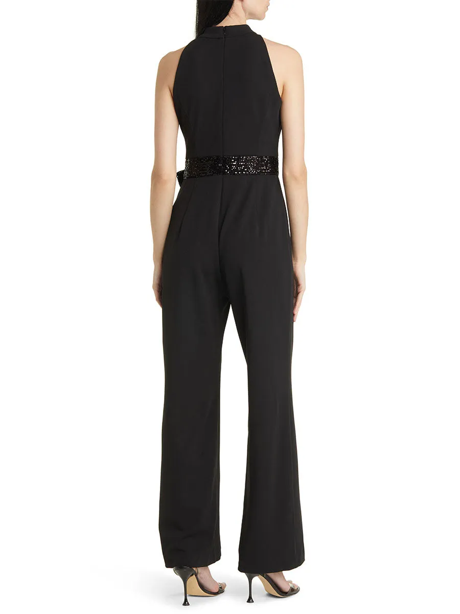 Sleeveless Wide-Leg Black Jumpsuit   Sequin Bow Belt