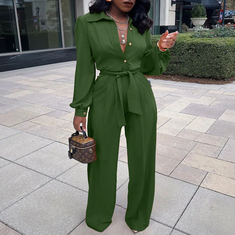 Solid Long Sleeve Button Detailed Belted Jumpsuit
