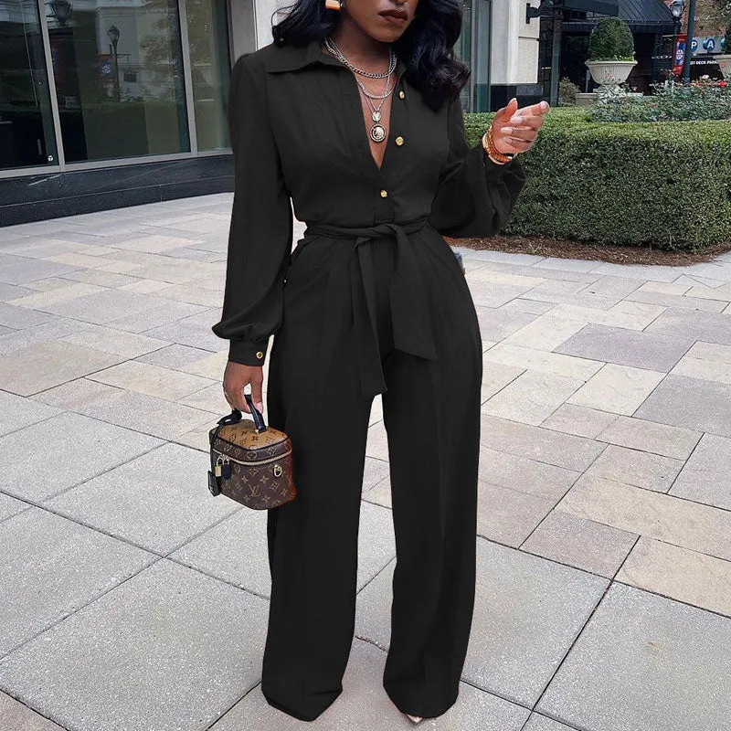 Solid Long Sleeve Button Detailed Belted Jumpsuit