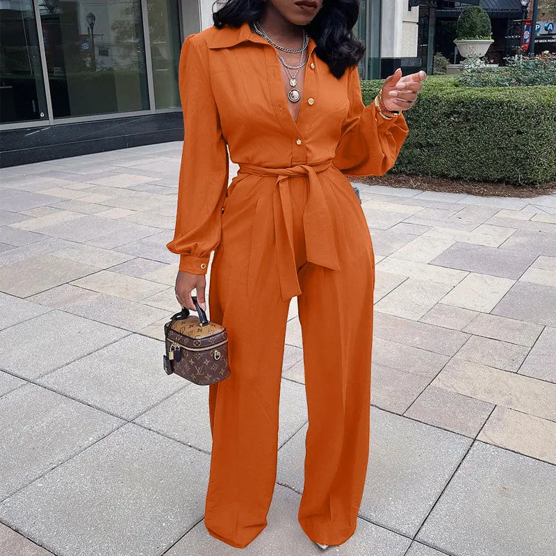 Solid Long Sleeve Button Detailed Belted Jumpsuit