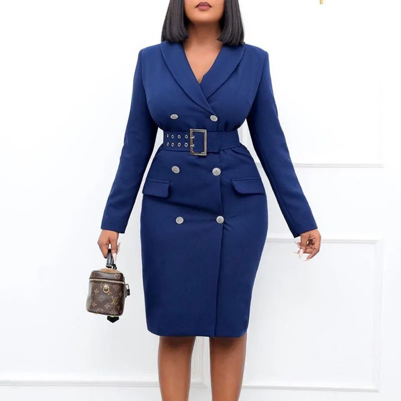 Solid V-Neck Long Sleeve Belted Blazer Dress