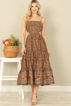 SPAGHETTI STRAP SIDE CUT-OUT BACK TIE PRINTED MIDI DRESS