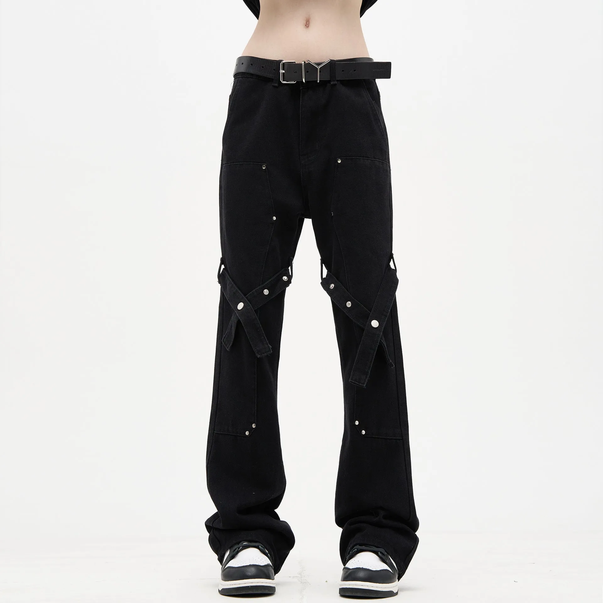 Street Rivet Bandage Belted Straight Jeans