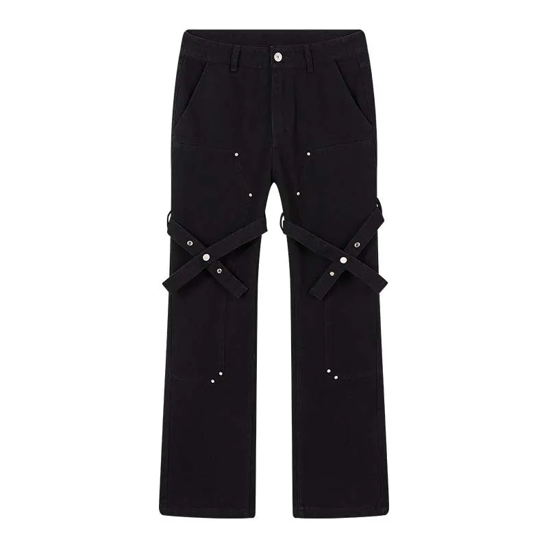 Street Rivet Bandage Belted Straight Jeans