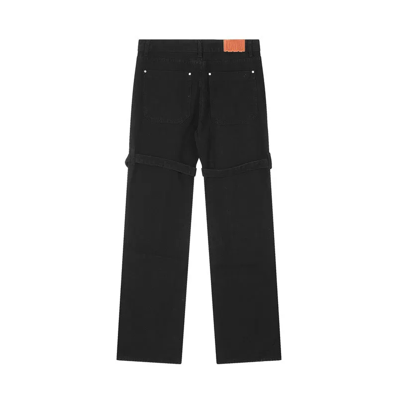 Street Rivet Bandage Belted Straight Jeans
