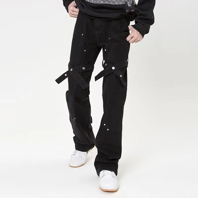 Street Rivet Bandage Belted Straight Jeans