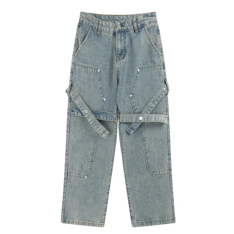 Street Rivet Bandage Belted Straight Jeans