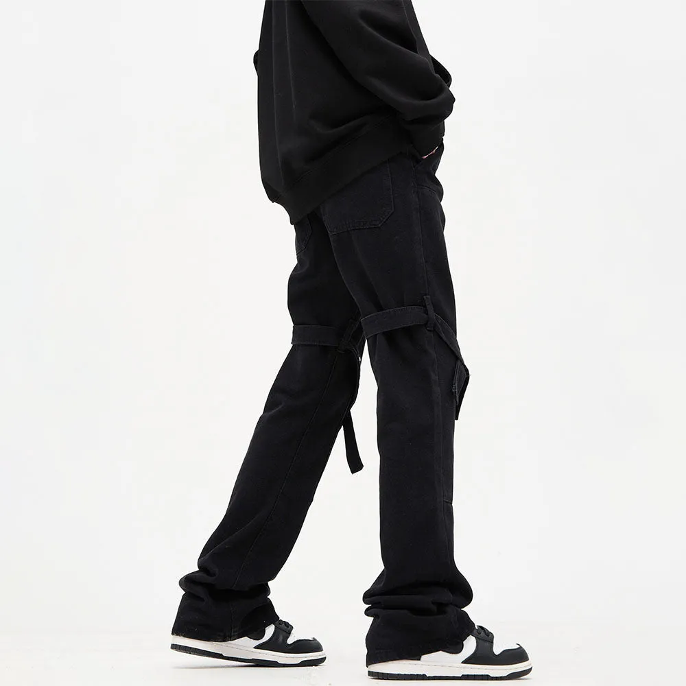 Street Rivet Bandage Belted Straight Jeans