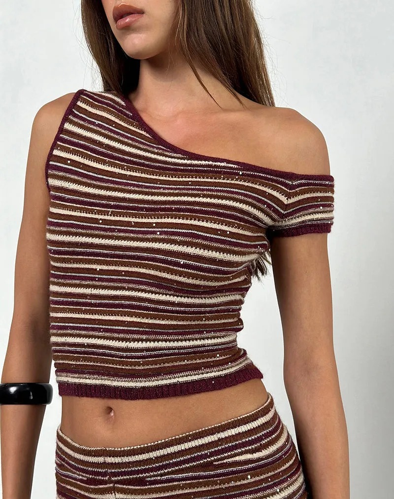 Tamia Off Shoulder Top in Shimmer Stripe Knit Rust