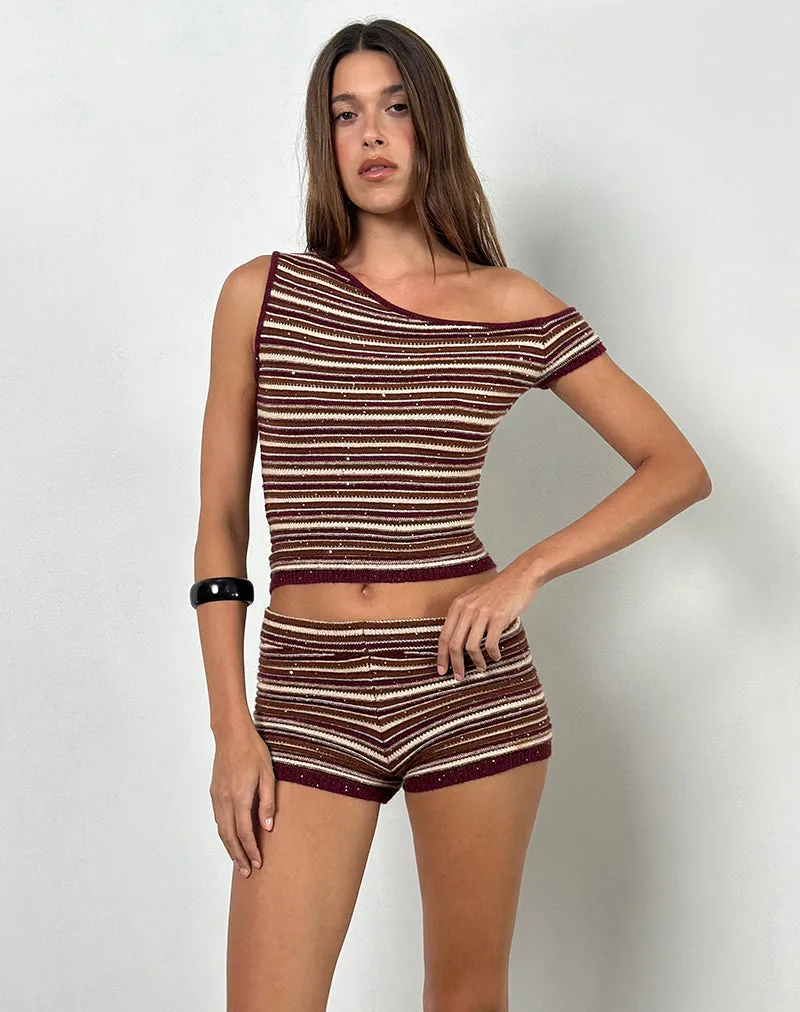 Tamia Off Shoulder Top in Shimmer Stripe Knit Rust