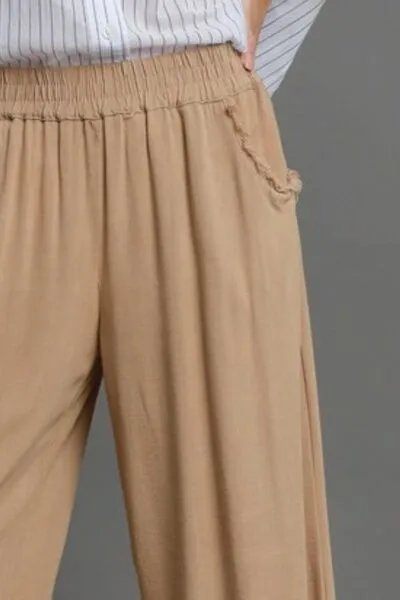 Tan Linen Blend Elastic Waistband Wide Leg Pants