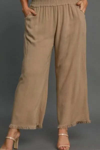 Tan Linen Blend Elastic Waistband Wide Leg Pants