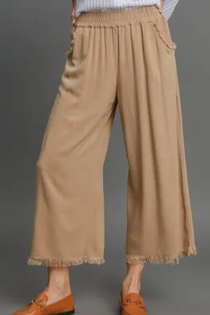 Tan Linen Blend Elastic Waistband Wide Leg Pants