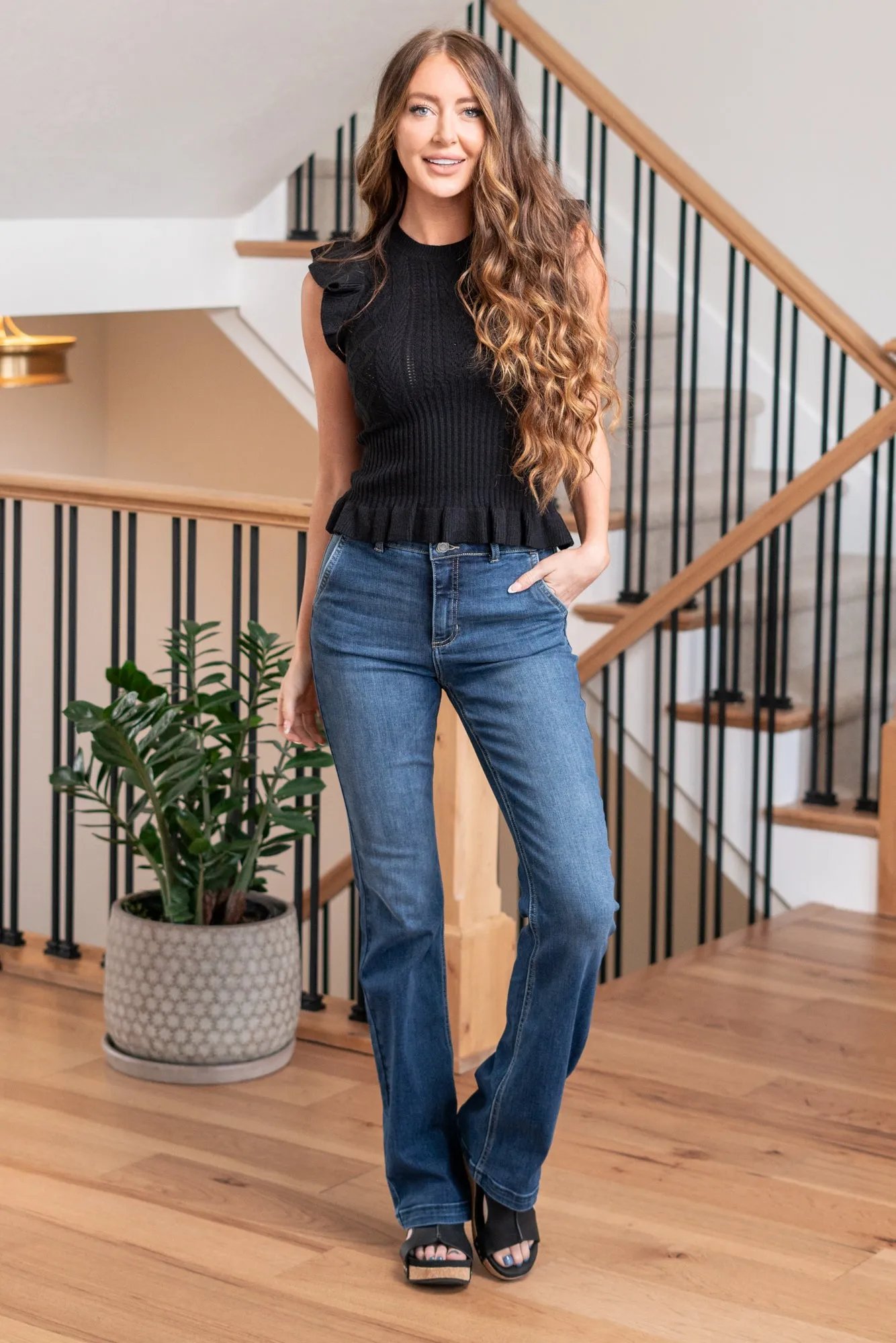 Tina High Rise Double Button Flare with Yoke Seams