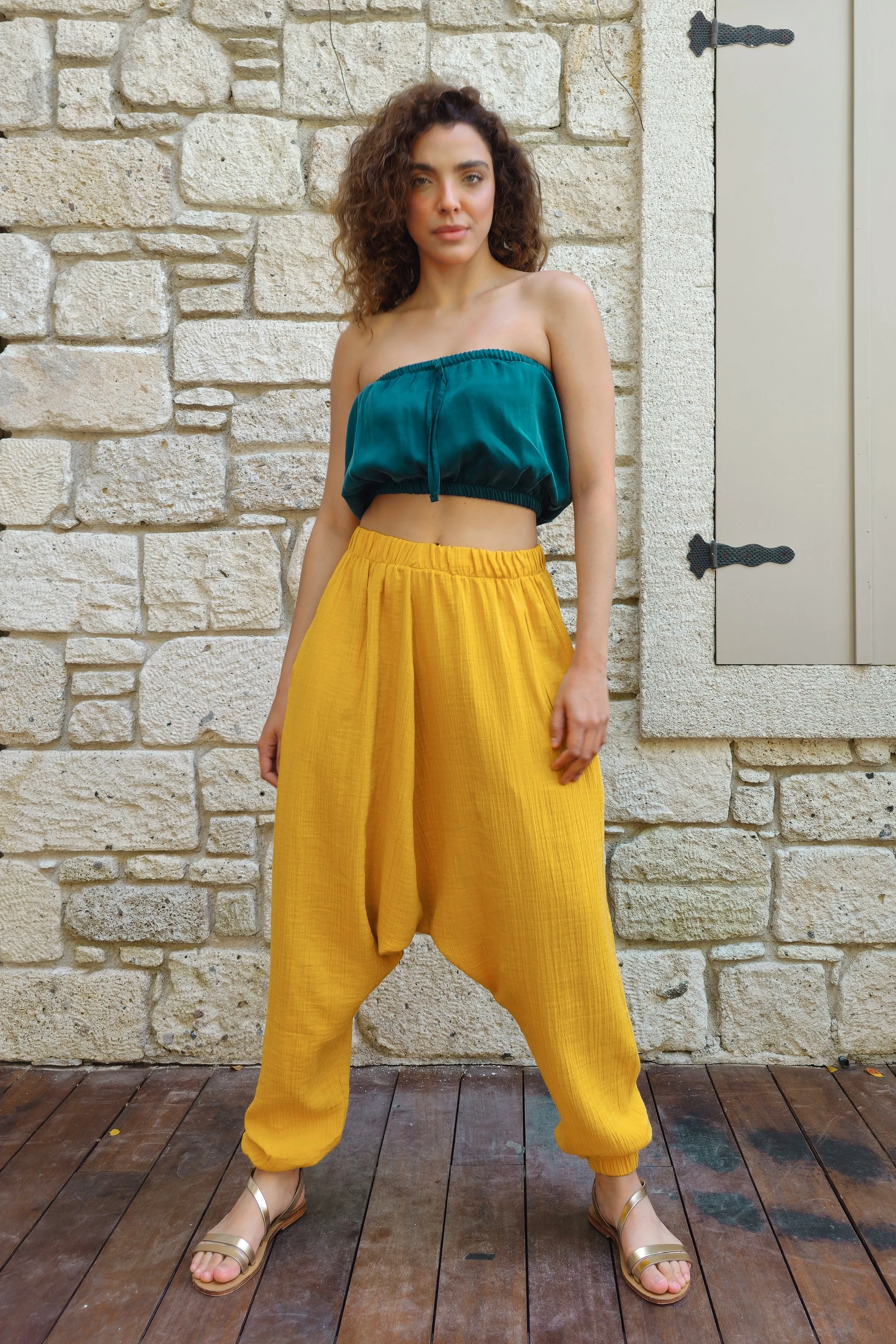 TRIBAL Women's Organic Gauze Cotton Harem Pants (Light Indigo Blue,Mustard)