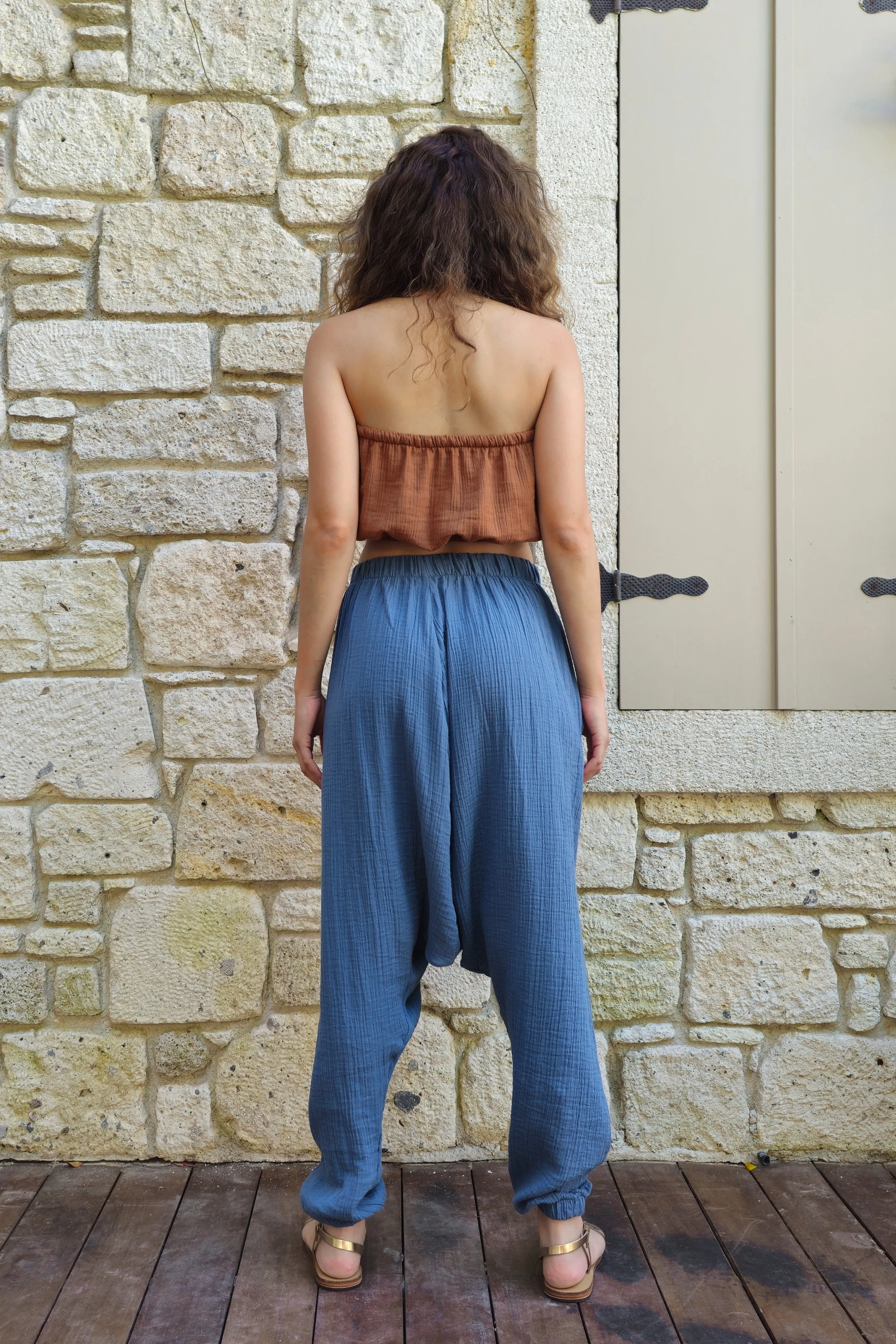 TRIBAL Women's Organic Gauze Cotton Harem Pants (Light Indigo Blue,Mustard)