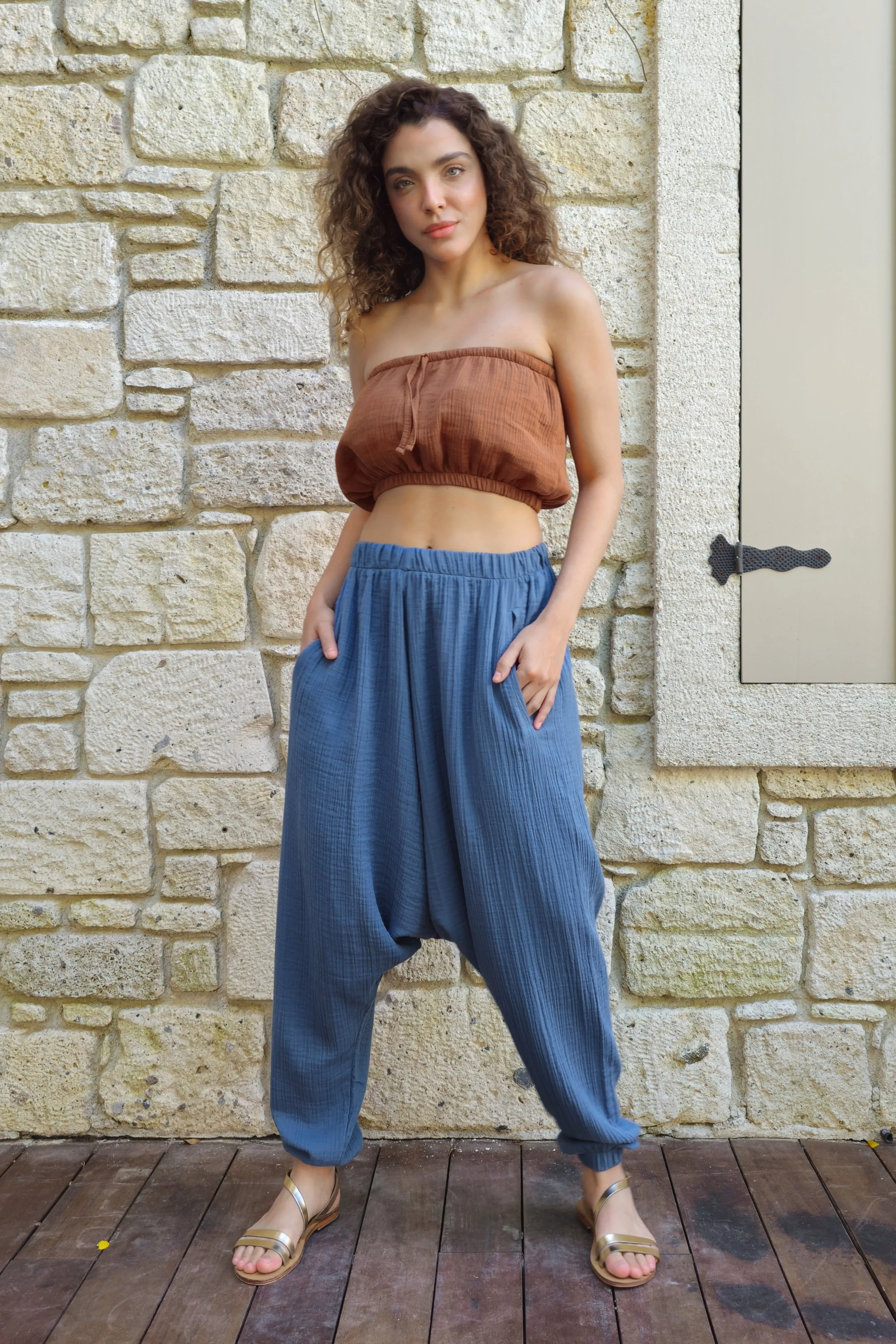 TRIBAL Women's Organic Gauze Cotton Harem Pants (Light Indigo Blue,Mustard)