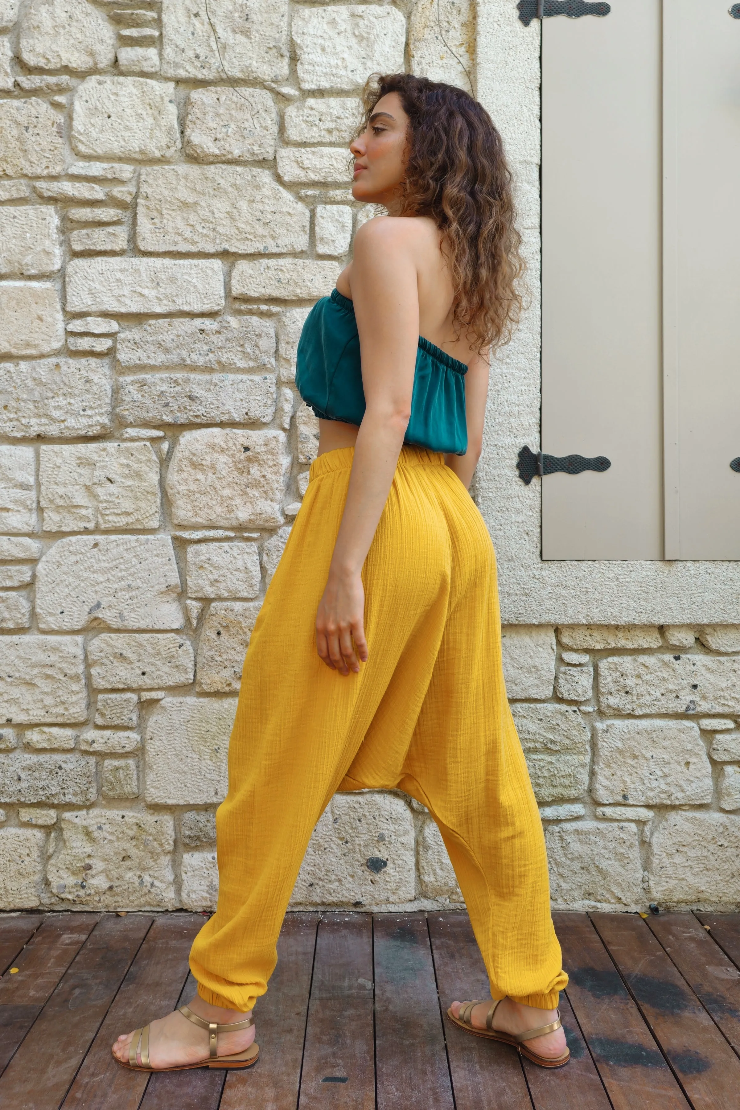 TRIBAL Women's Organic Gauze Cotton Harem Pants (Light Indigo Blue,Mustard)