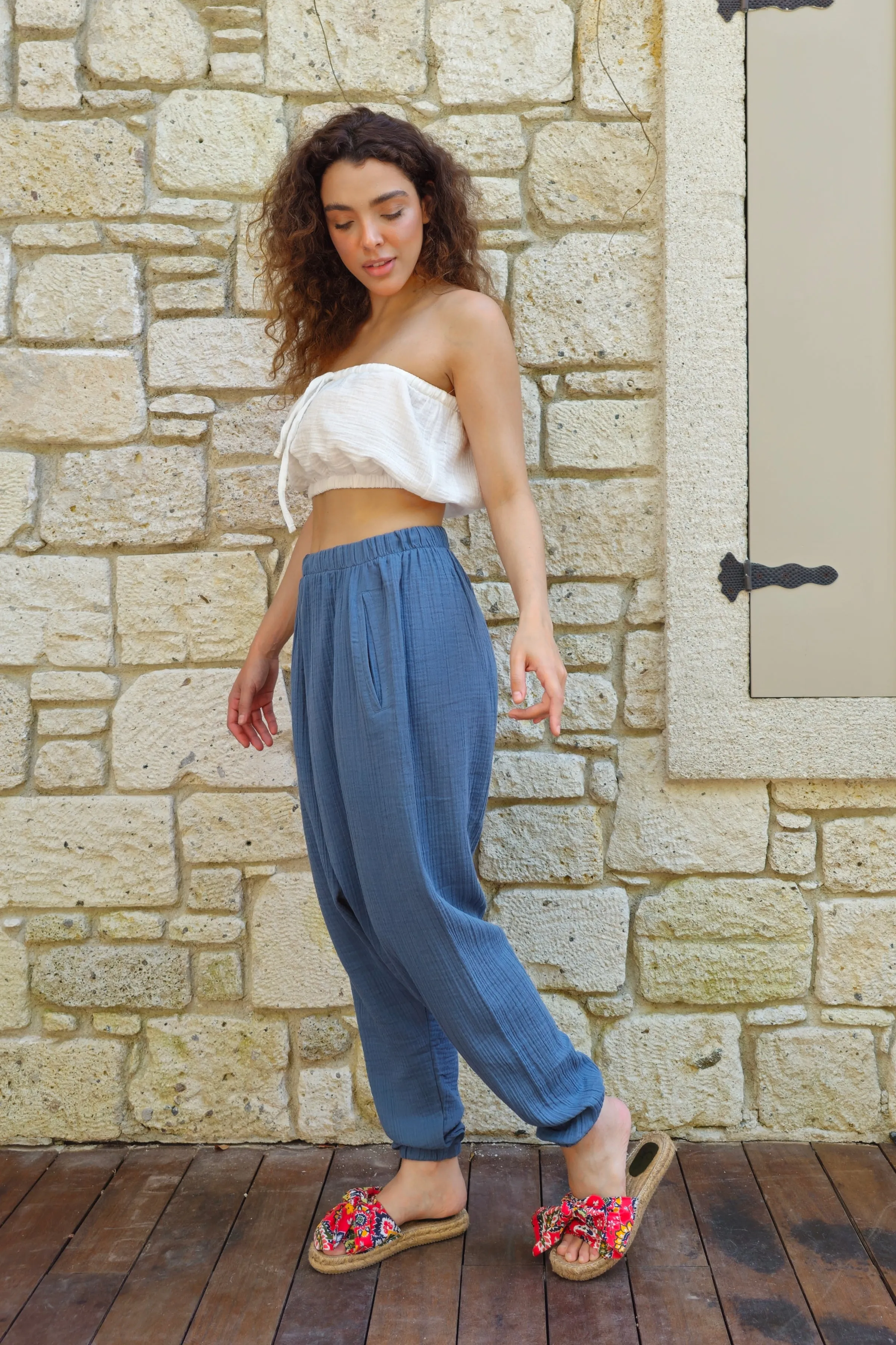 TRIBAL Women's Organic Gauze Cotton Harem Pants (Light Indigo Blue,Mustard)