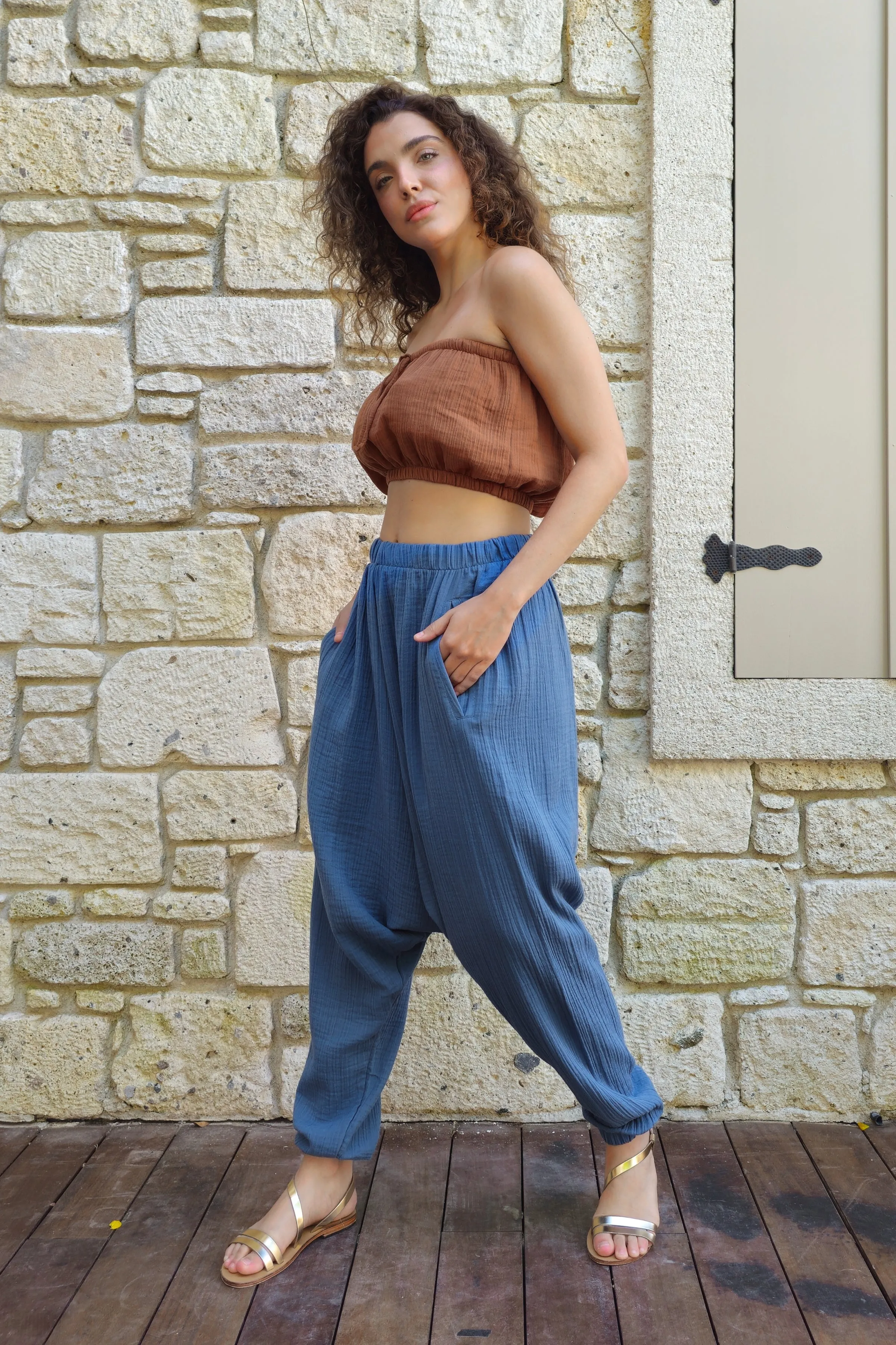 TRIBAL Women's Organic Gauze Cotton Harem Pants (Light Indigo Blue,Mustard)