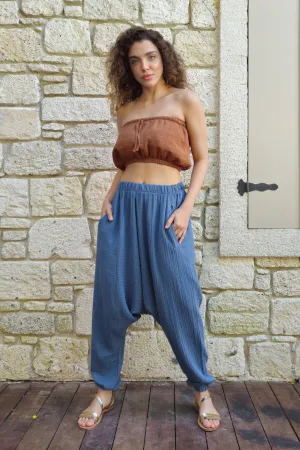 TRIBAL Women's Organic Gauze Cotton Harem Pants (Light Indigo Blue,Mustard)
