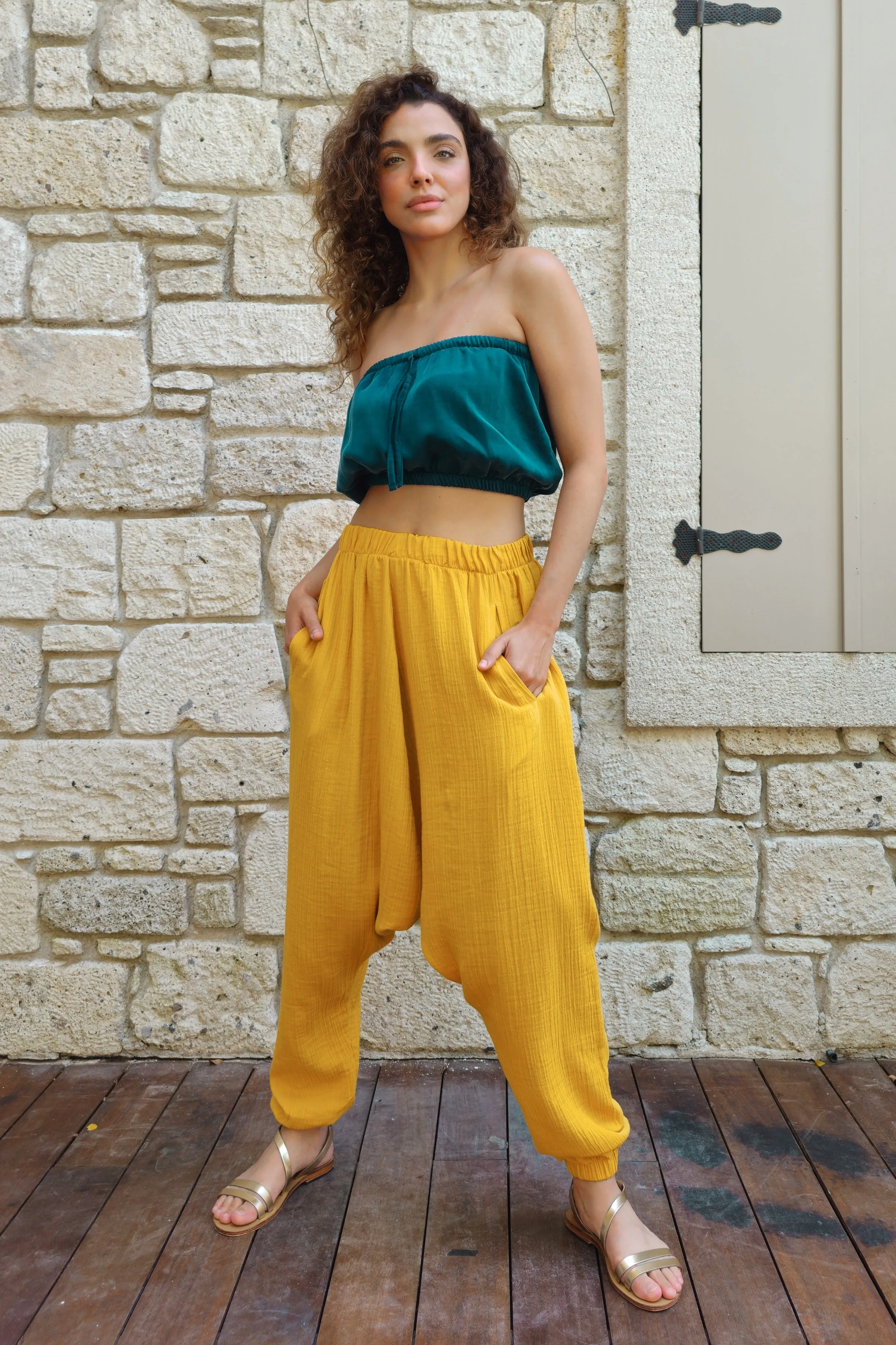 TRIBAL Women's Organic Gauze Cotton Harem Pants (Light Indigo Blue,Mustard)