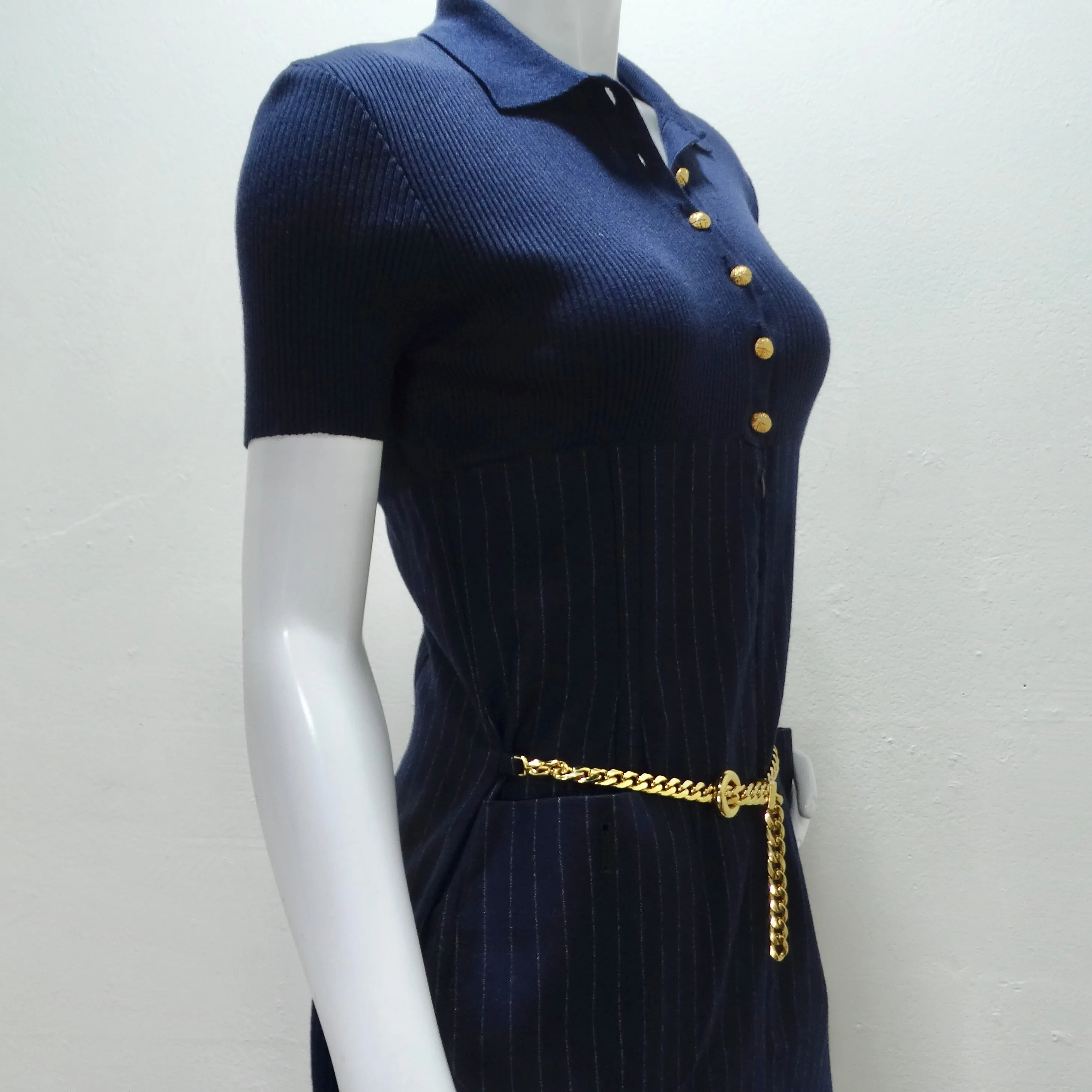 Valentino 1980s Pinstripe Chain Link Belted Midi Dress