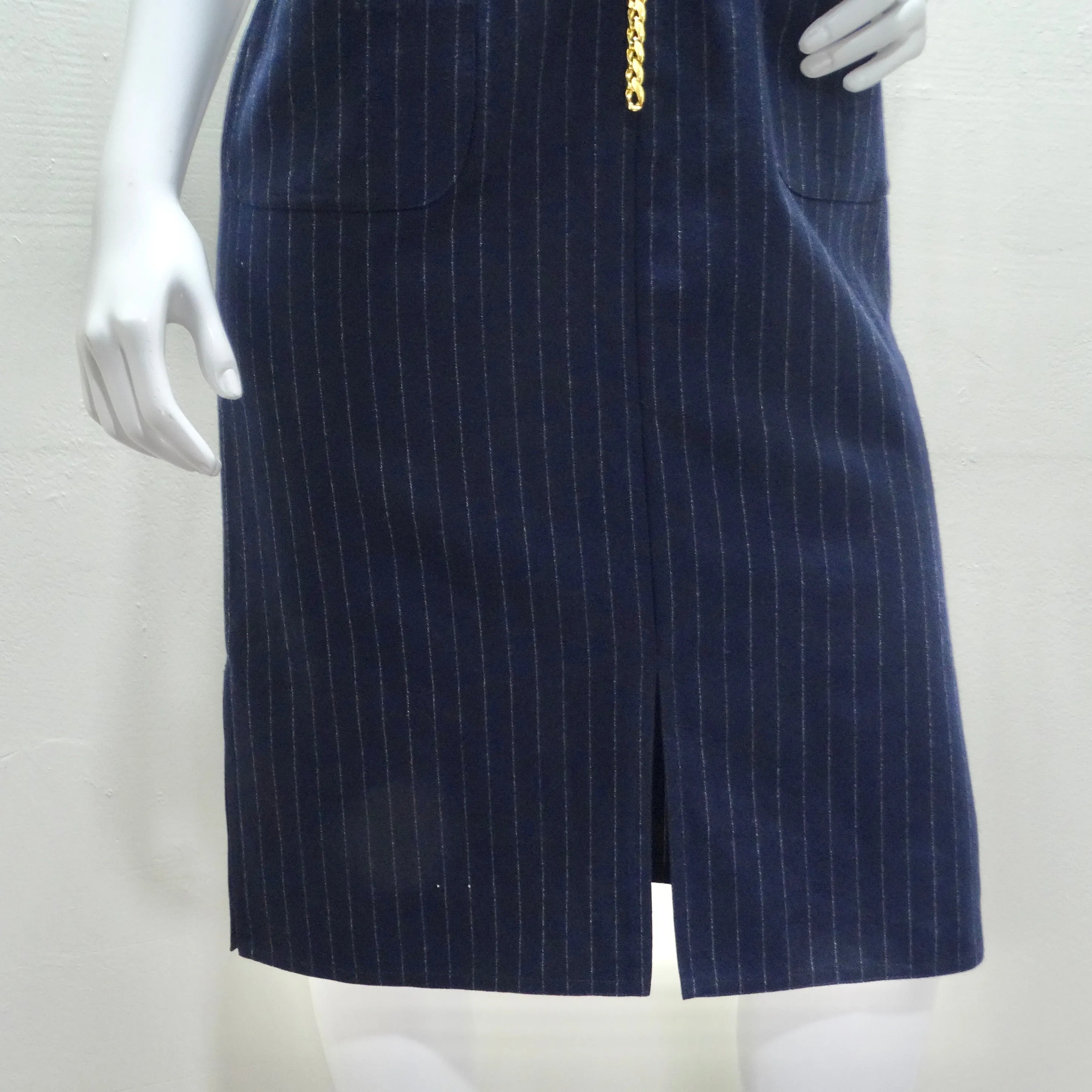 Valentino 1980s Pinstripe Chain Link Belted Midi Dress