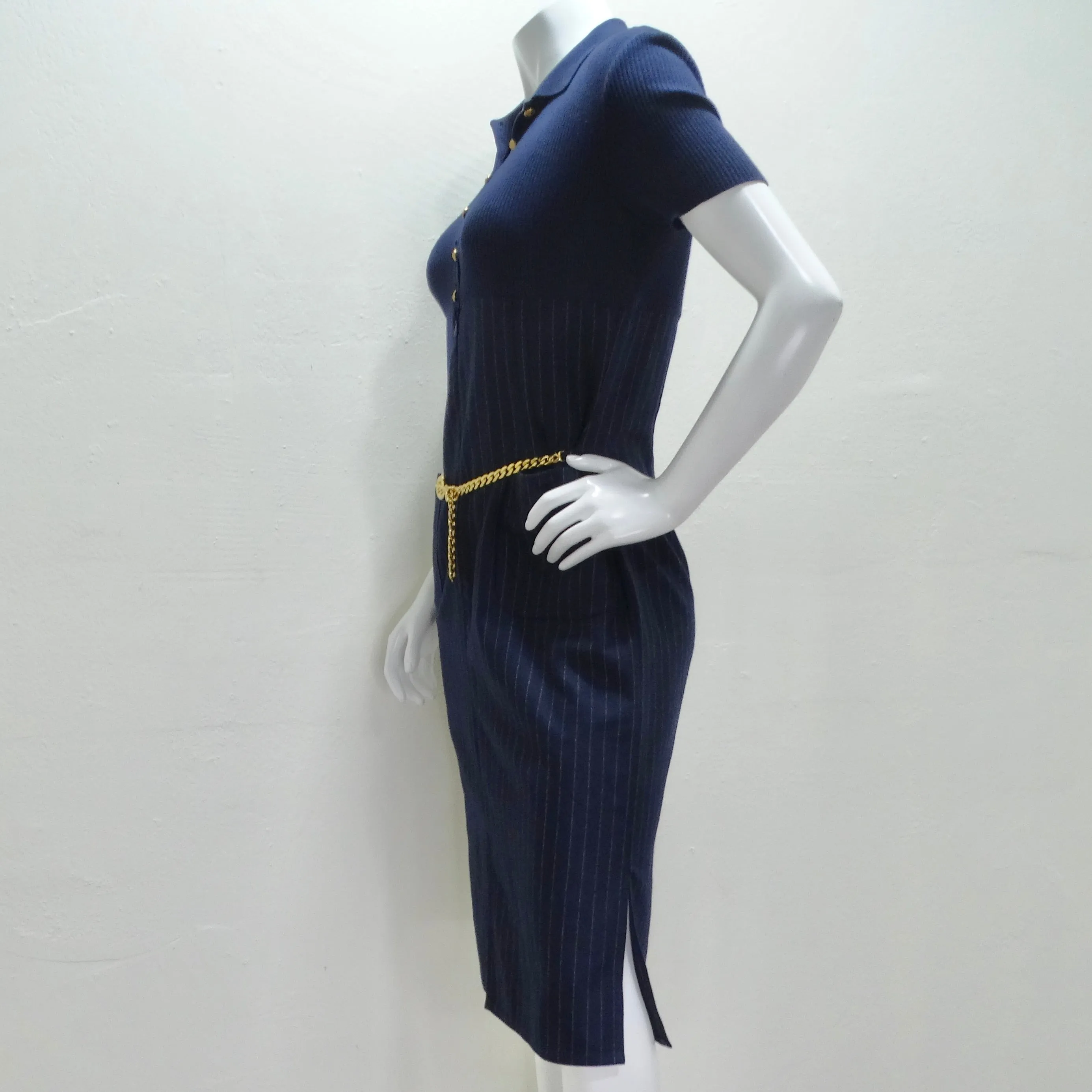 Valentino 1980s Pinstripe Chain Link Belted Midi Dress