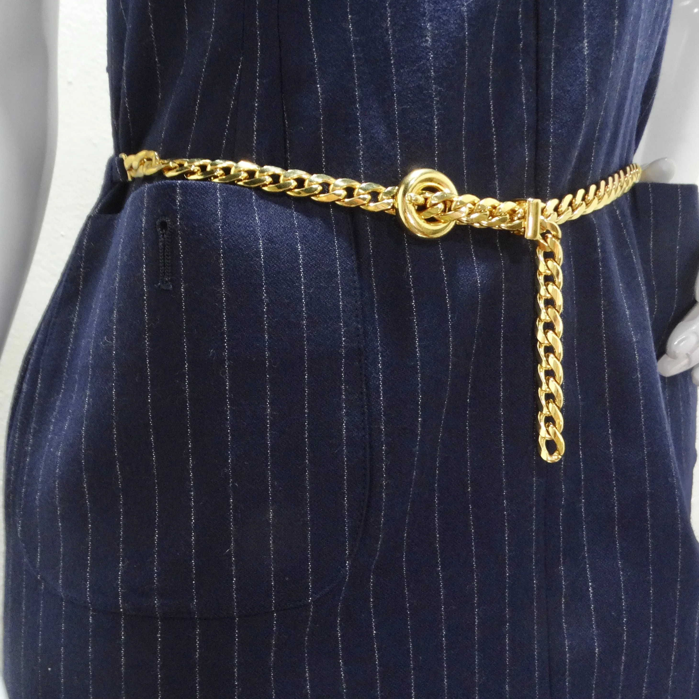 Valentino 1980s Pinstripe Chain Link Belted Midi Dress