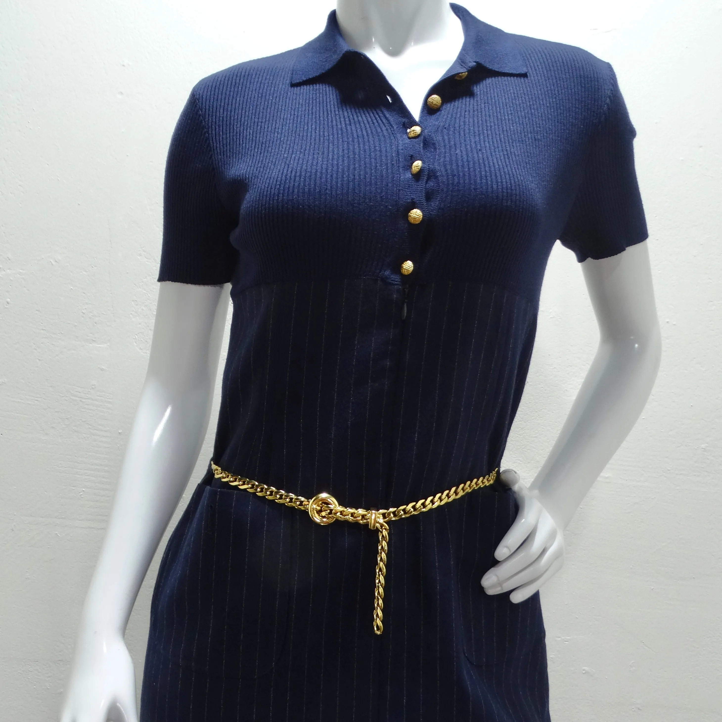 Valentino 1980s Pinstripe Chain Link Belted Midi Dress