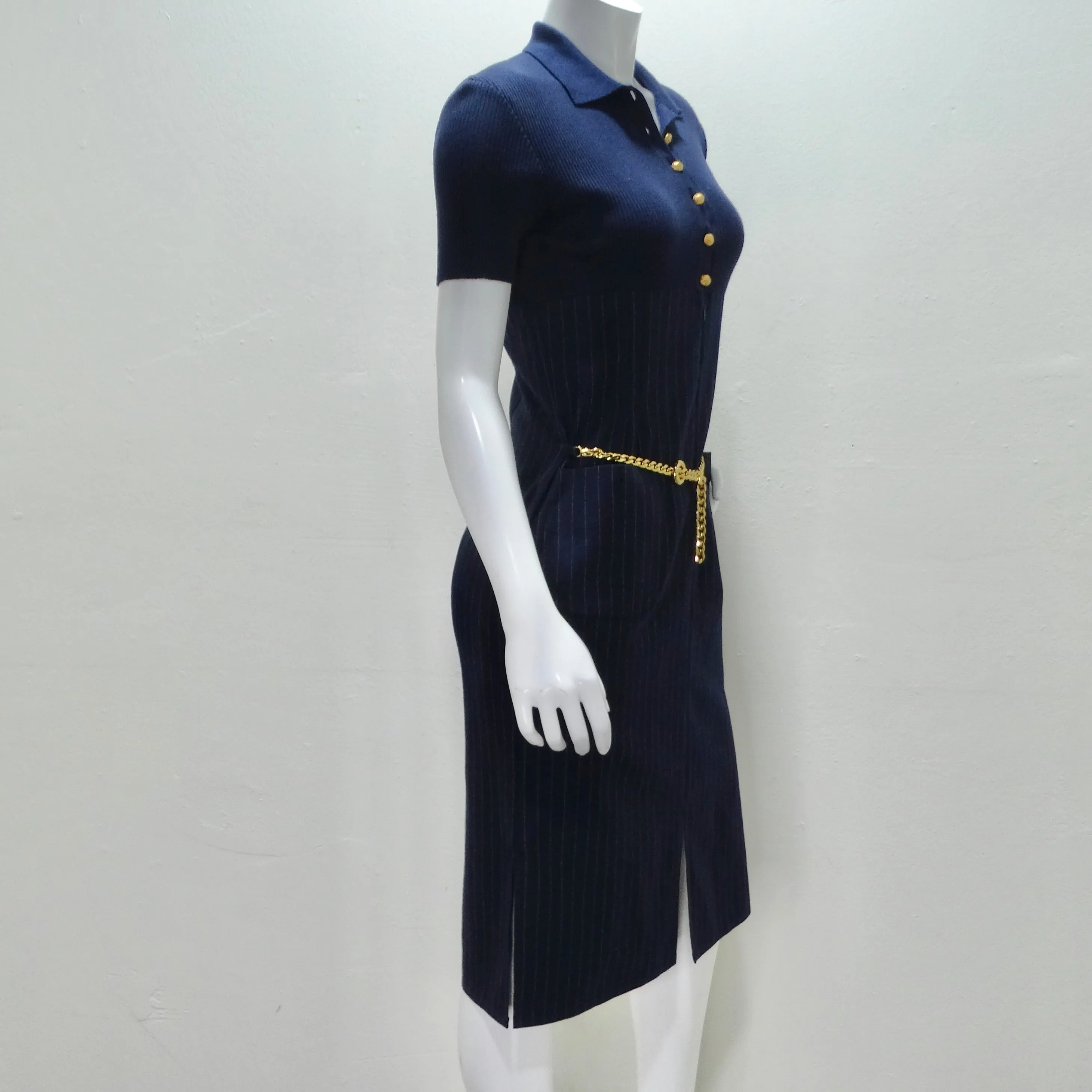 Valentino 1980s Pinstripe Chain Link Belted Midi Dress