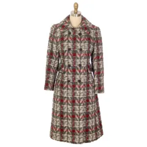 Vintage Ladies Wool Coat Gray & Red Plaid 1970 Classic Style 36 Bust
