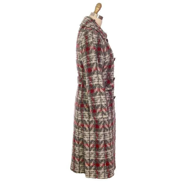 Vintage Ladies Wool Coat Gray & Red Plaid 1970 Classic Style 36 Bust