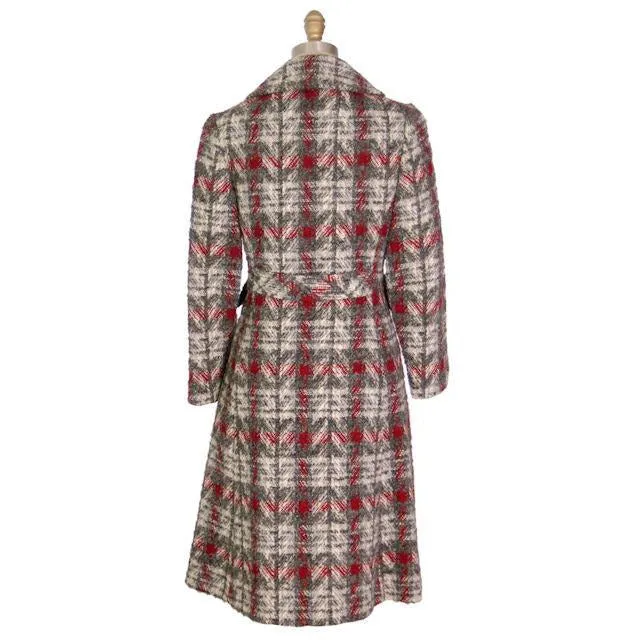 Vintage Ladies Wool Coat Gray & Red Plaid 1970 Classic Style 36 Bust