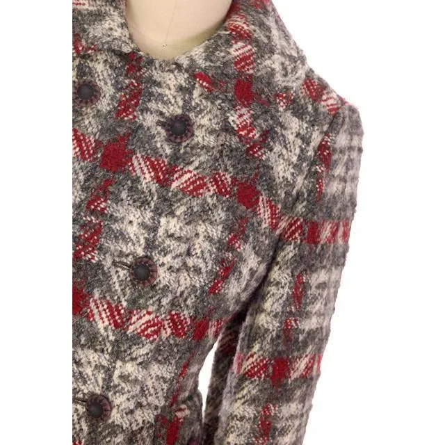 Vintage Ladies Wool Coat Gray & Red Plaid 1970 Classic Style 36 Bust