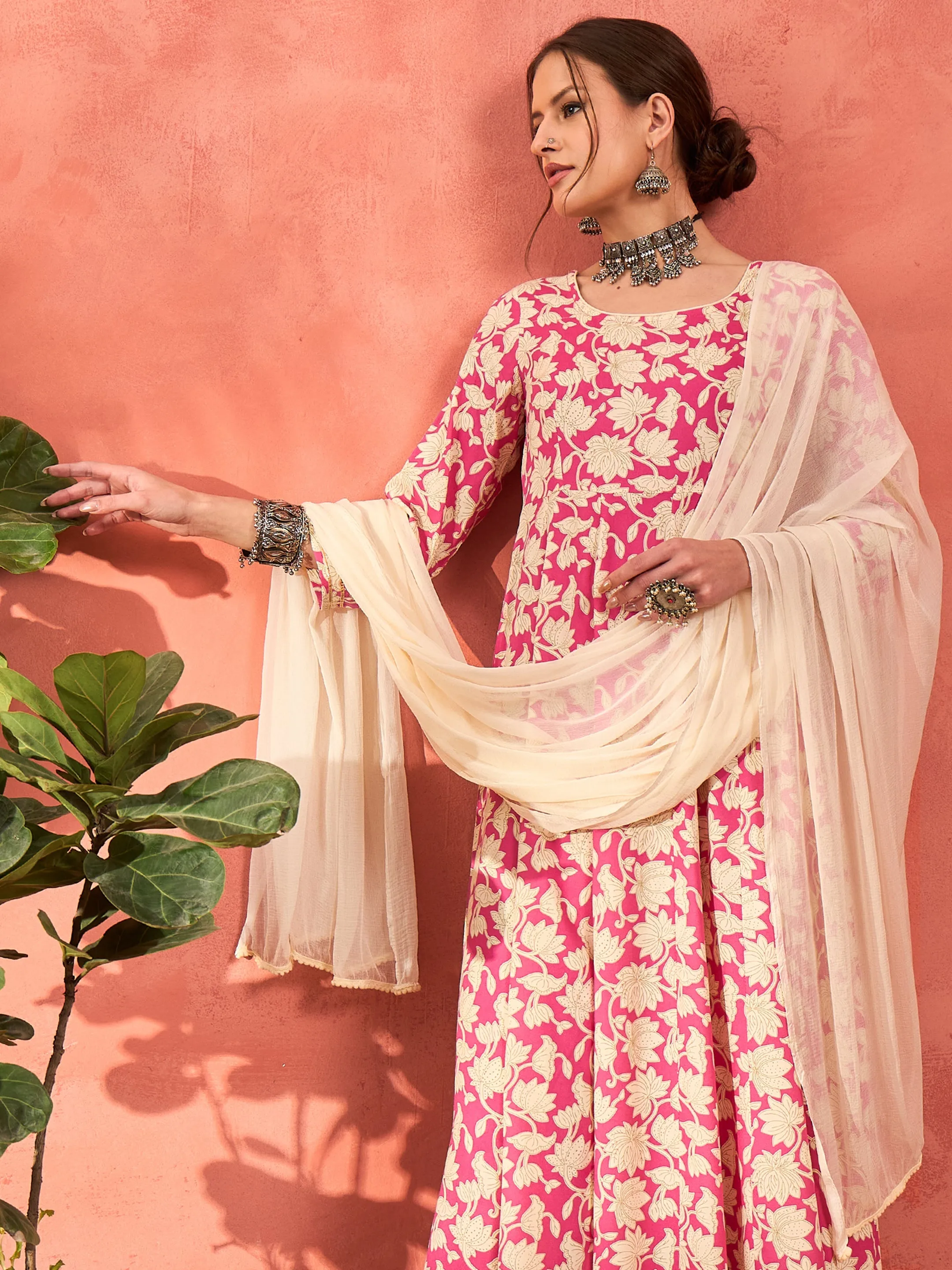 Women Pink Floral Rayon Anarkali Kurta With Straight Pants & Dupatta