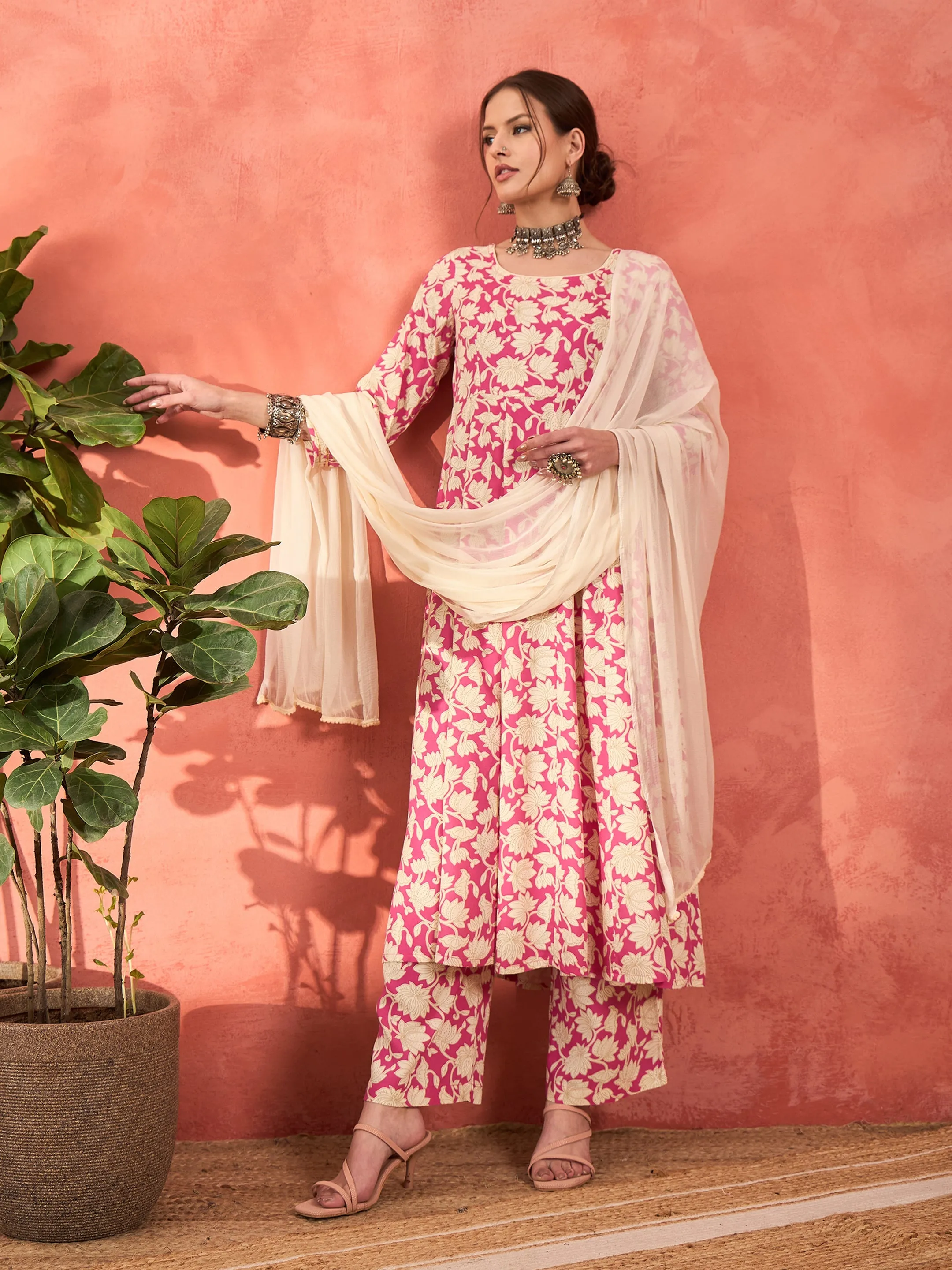 Women Pink Floral Rayon Anarkali Kurta With Straight Pants & Dupatta