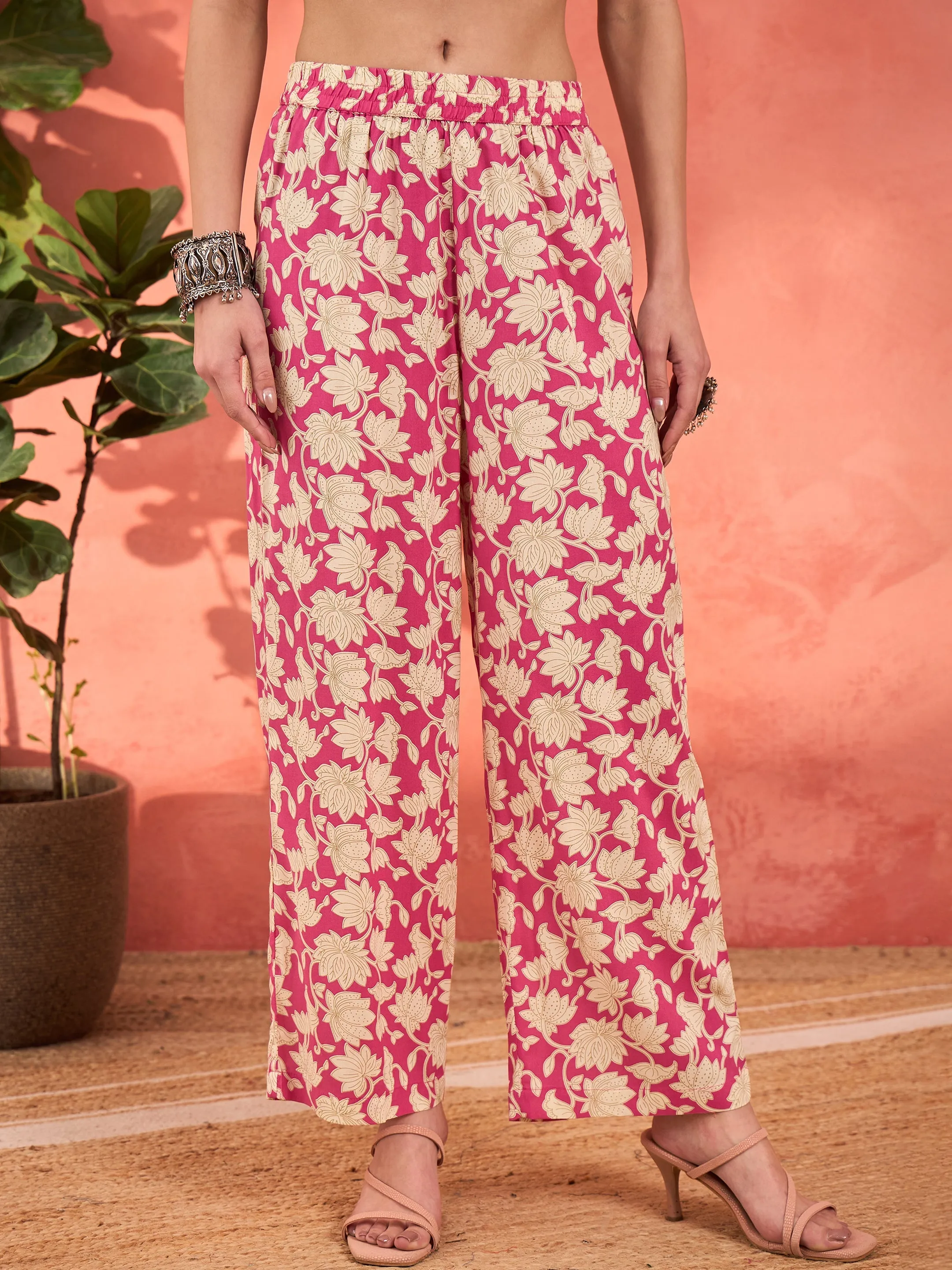 Women Pink Floral Rayon Anarkali Kurta With Straight Pants & Dupatta