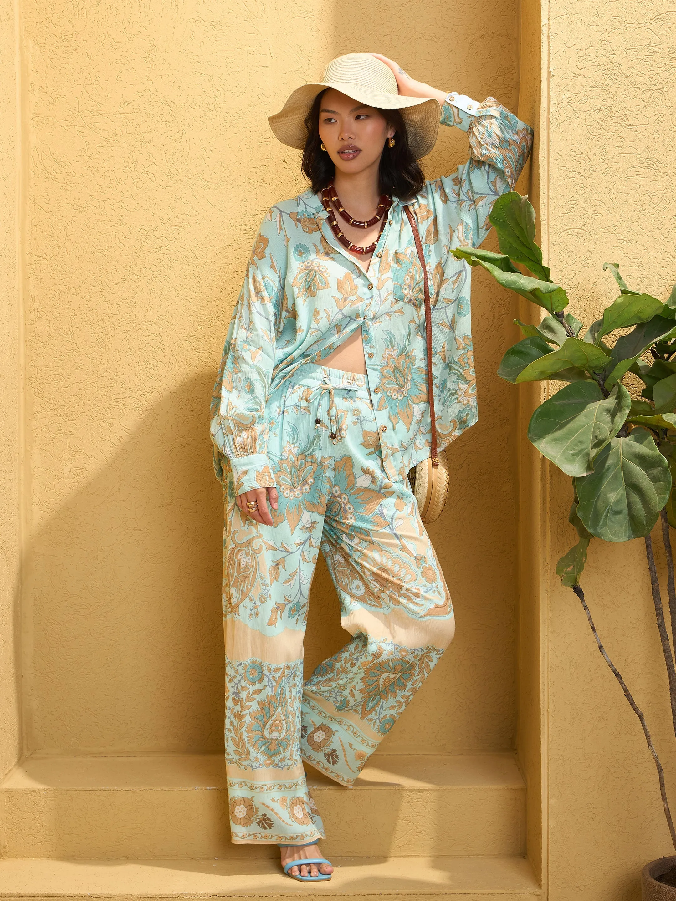 Women Turquoise Blue Floral Shirt With Pants